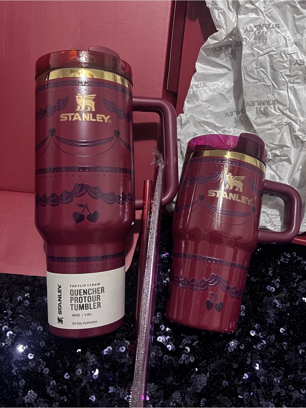 Burgundy and Gold Quencher Tumblers with Cherry Motif